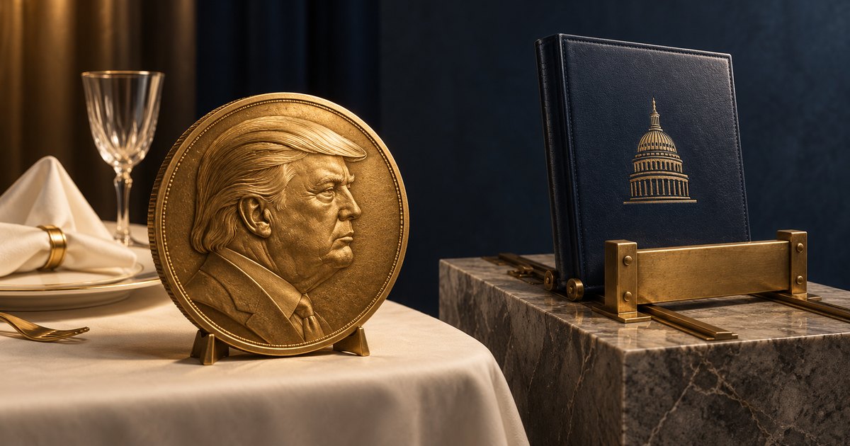 Editorial illustration: A large gold coin bearing Donald Trump's profile stands beside a formal table setting. A dark book decorated with a gold Capitol dome sits behind a brass barrier on a marble pedestal.