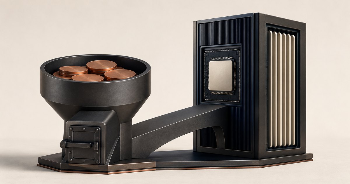 Editorial illustration: Copper-colored coins fill a dark metal hopper connected by a broad support to a tall computing unit with an exposed processor and pale cooling fins.