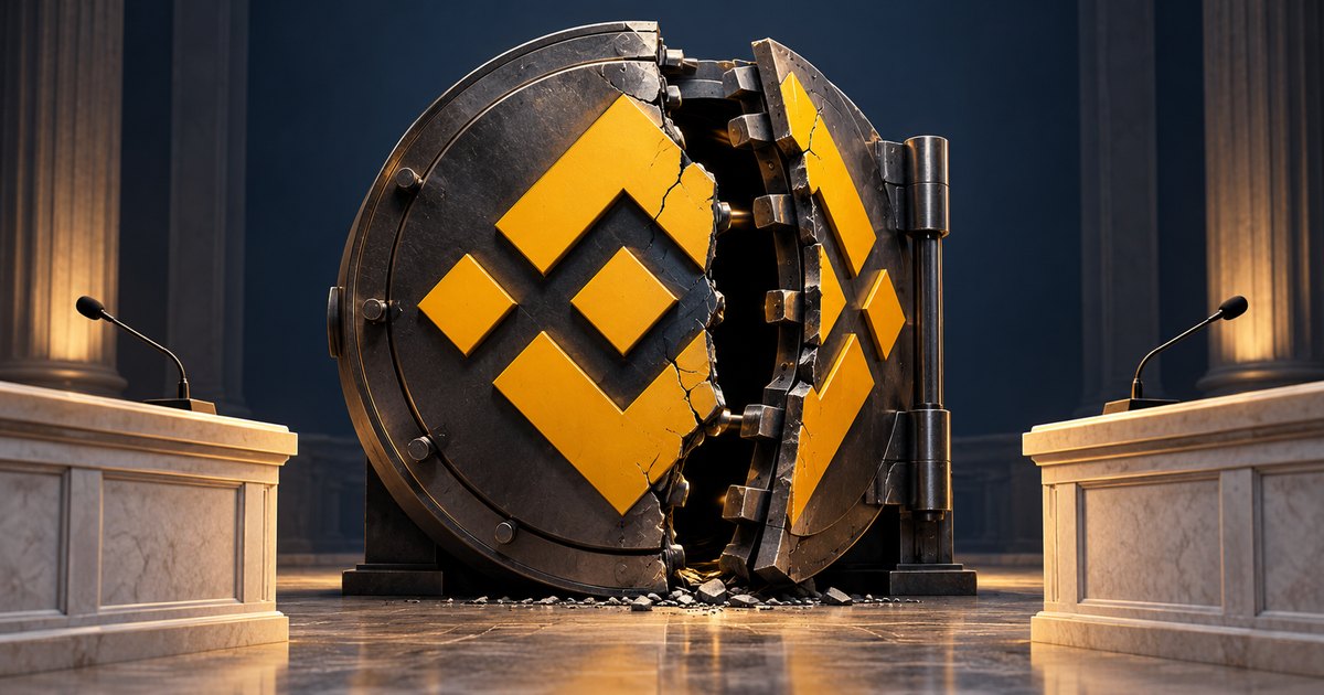 Editorial illustration: A large metal vault bearing a yellow Binance symbol is split open between two marble podiums with microphones, framed by tall columns.