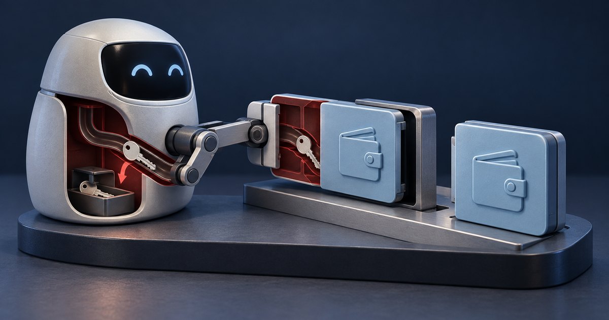 Editorial illustration: A smiling silver robot reaches toward blue wallet panels on a mechanical platform. Cutaway sections reveal keys, red internal channels and a collection tray inside the robot.