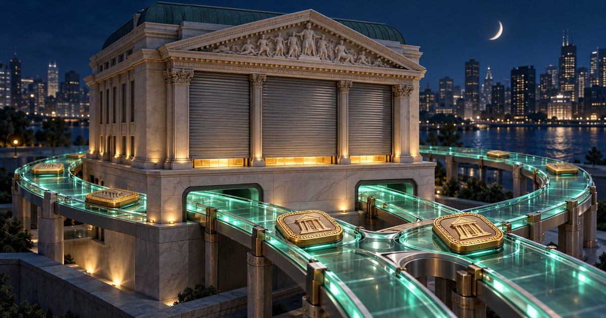 Editorial illustration: Gold tokens bearing classical building symbols travel along glowing glass tracks around a shuttered exchange building beneath a crescent moon, with a waterfront skyline behind it.