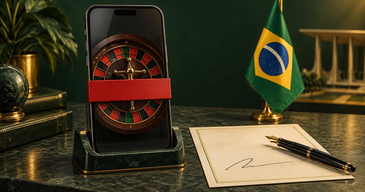 Editorial illustration: A smartphone displaying a roulette wheel crossed by a solid red bar stands on a marble desk beside a Brazilian flag, a paper with a signature-like mark, and a fountain pen.