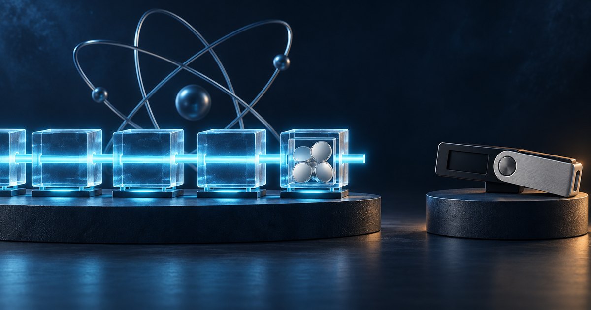 Editorial illustration: A cyan beam connects glass blocks beneath a metallic atomic symbol. A hardware wallet sits separately on a dark pedestal across a gap.