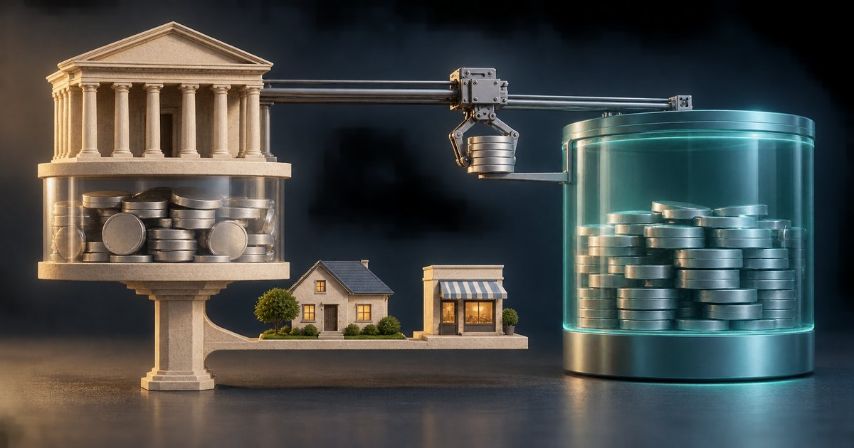 Editorial illustration: A mechanical claw carries coins from a classical bank toward a glowing cylindrical coin container. A house and small storefront rest on a platform extending from the bank’s pedestal.