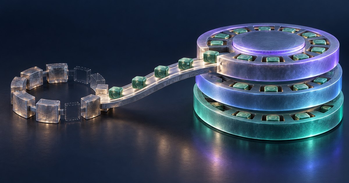 Editorial illustration: Green cubes line a metallic track connecting a fragmented ring of translucent blocks to three stacked circular structures glowing purple, blue and teal.