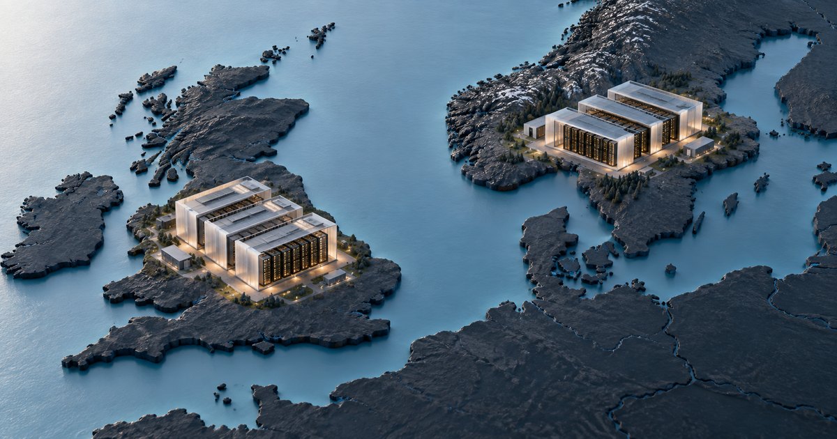 Editorial illustration: Two glowing data-center complexes sit on Britain and Scandinavia in a dark, rocky relief map of northern Europe surrounded by blue water.