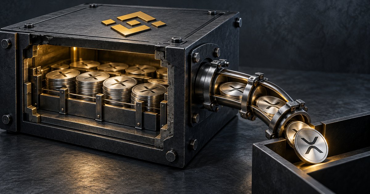 Editorial illustration: XRP coins flow from a dark metal vault bearing the gold Binance symbol through a curved transparent pipe into a bin.