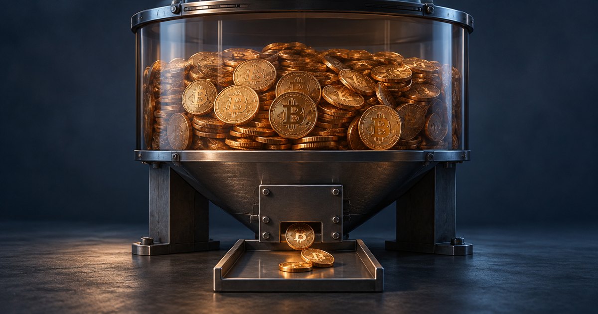 Editorial illustration: A glass and metal hopper filled with gold Bitcoin coins dispenses a few coins through a small opening into a tray against a dark blue background.