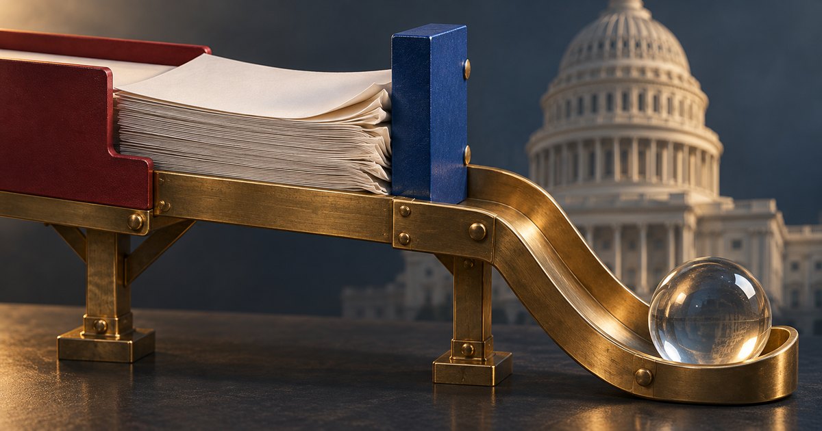 Editorial illustration: A stack of papers in a red tray meets an upright blue barrier beside a descending brass track. A glass sphere rests at the bottom, with the U.S. Capitol blurred behind.