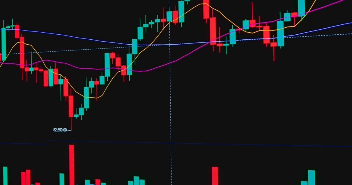 Colorful candlestick chart showing financial trends and data analysis on a digital display.