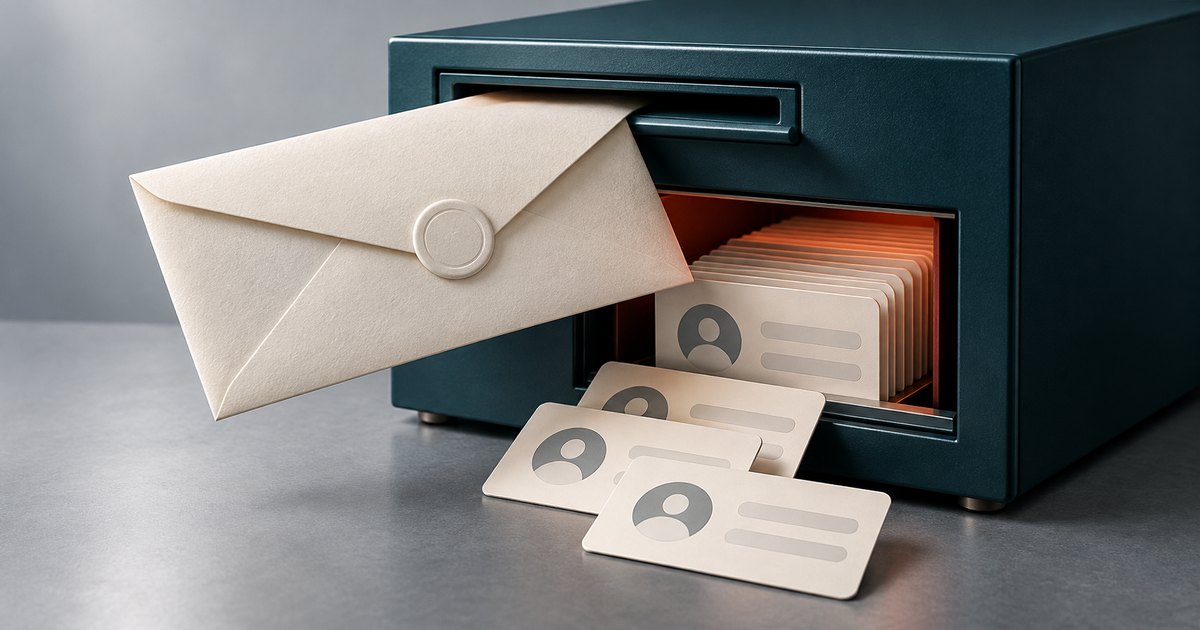 Editorial illustration: A large sealed envelope protrudes from the upper slot of a dark teal box, while generic profile cards spill from an open compartment onto a gray surface.