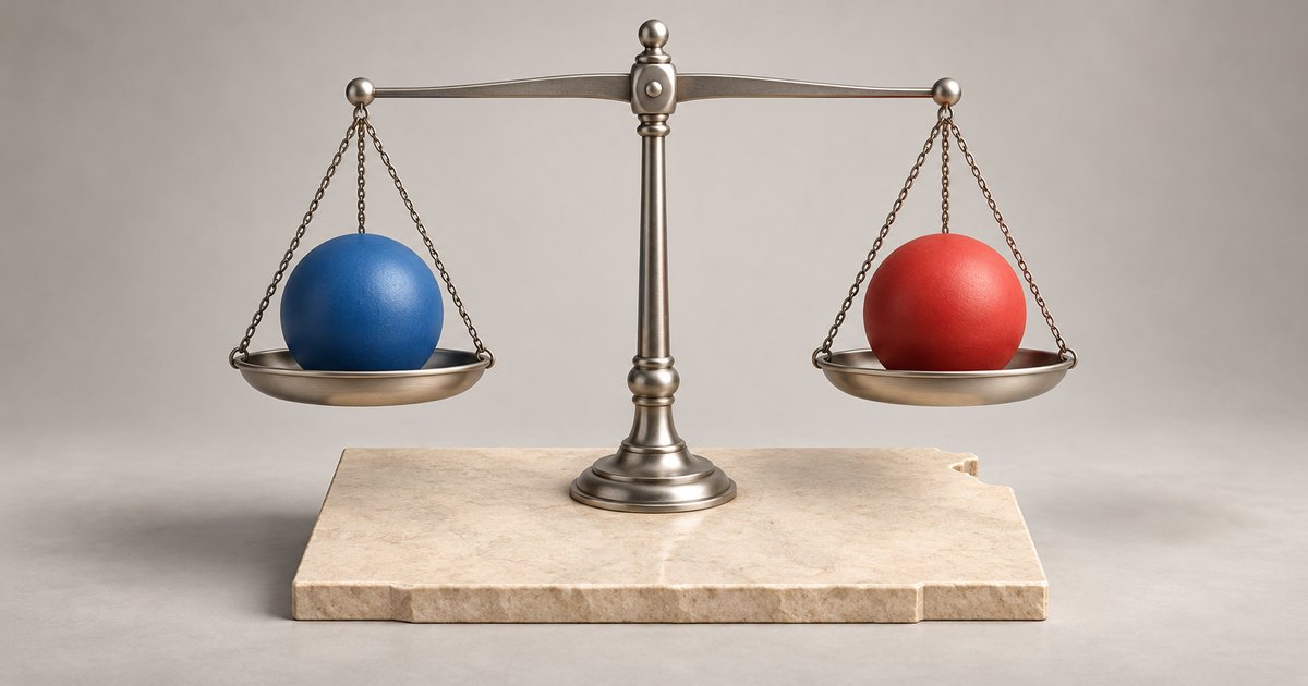 Editorial illustration: A metal balance scale holds equal-sized blue and red spheres in level pans above a pale, Kansas-shaped stone base.