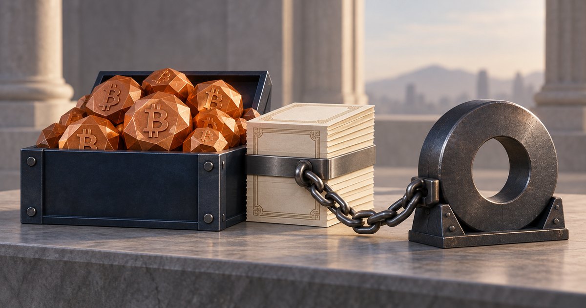 Editorial illustration: A dark chest holds faceted copper-colored Bitcoin tokens beside a stack of cream paper certificates bound with metal and chained to a large iron ring on a stone tabletop.