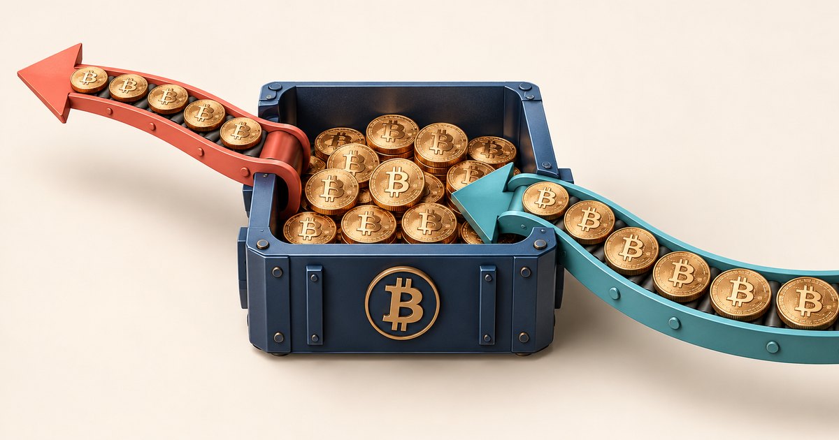 Editorial illustration: Gold bitcoin coins fill a dark blue box, with a teal conveyor arrow carrying coins inward from the right and a red conveyor arrow carrying coins outward toward the upper left.
