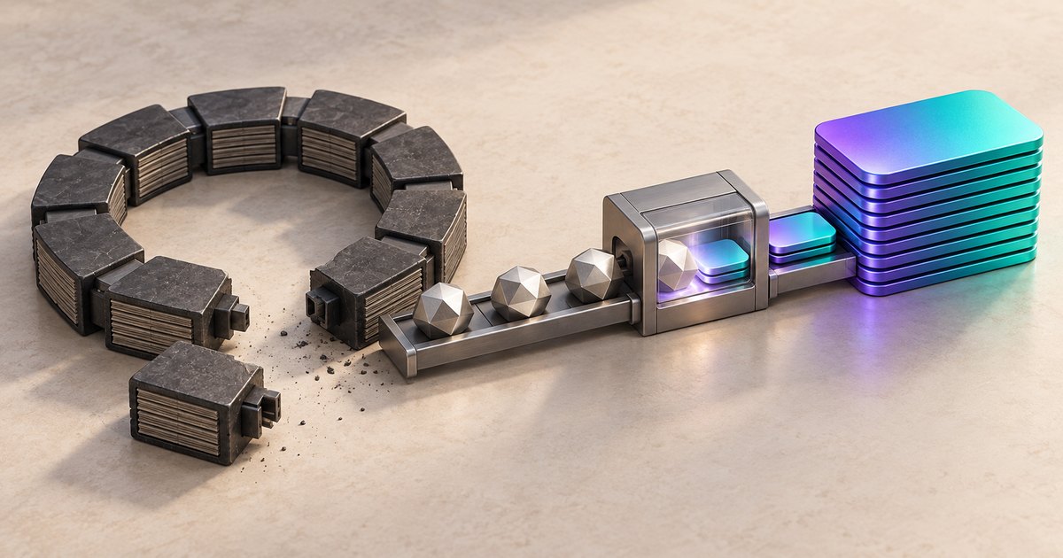 Editorial illustration: A broken ring of dark, layered blocks beside a conveyor carrying faceted metal objects through a machine into a stack of glossy purple-to-teal tiles.