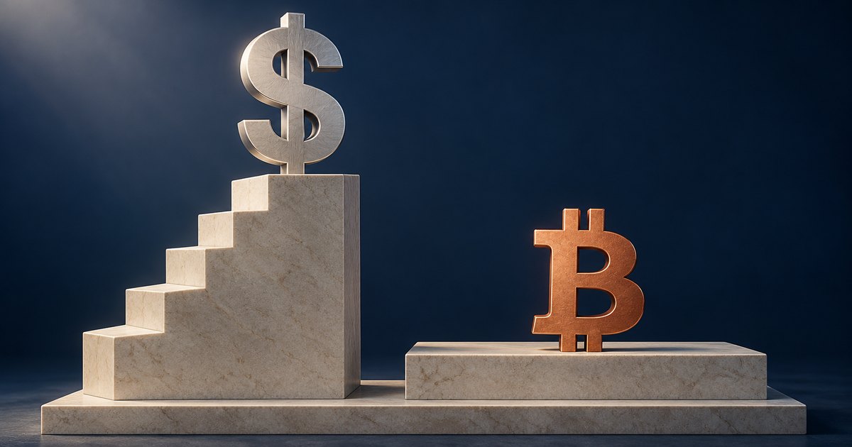 Editorial illustration: A silver dollar symbol stands atop ascending stone steps, while a copper bitcoin symbol rests on a lower, flat stone platform against a dark blue background.