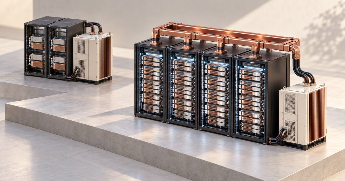Editorial illustration: Four densely packed black server cabinets connect through overhead copper pipes to a cream cooling unit. A smaller two-cabinet installation stands behind them on a raised concrete platform.