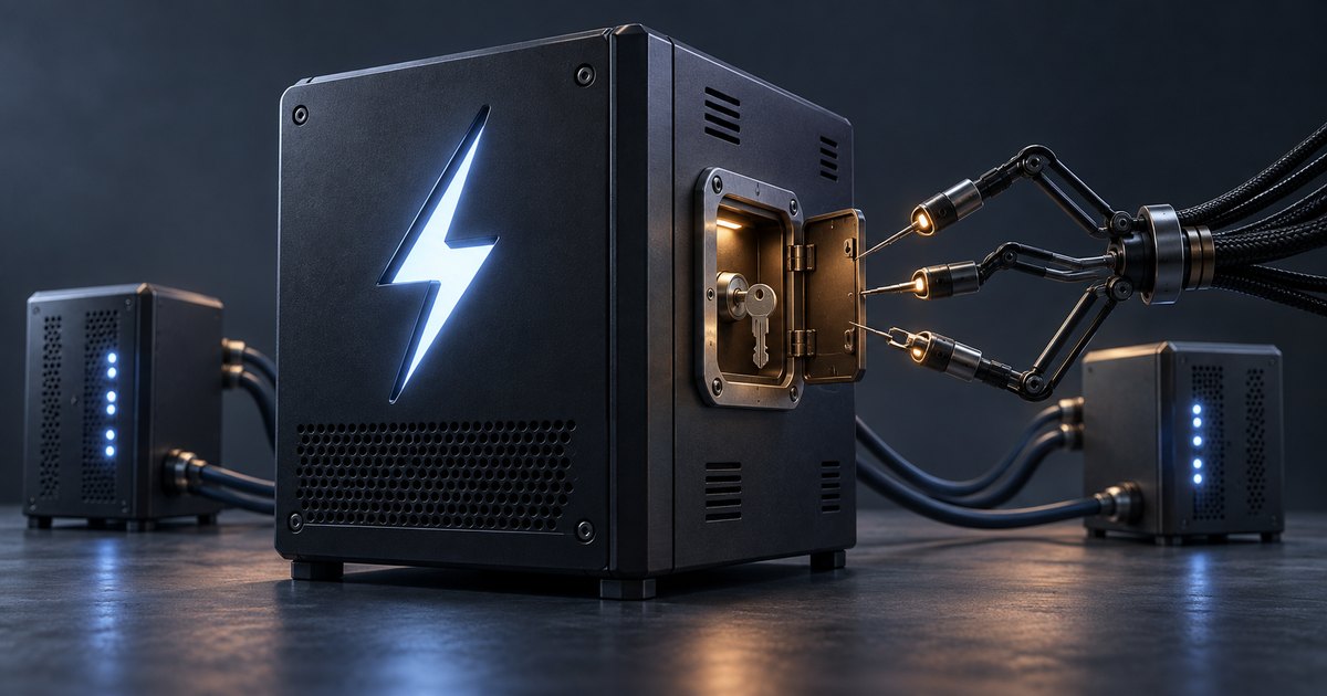 Editorial illustration: Three robotic probes reach toward an open compartment containing a key on a dark server marked with a glowing lightning bolt. Cables connect two smaller units behind it.