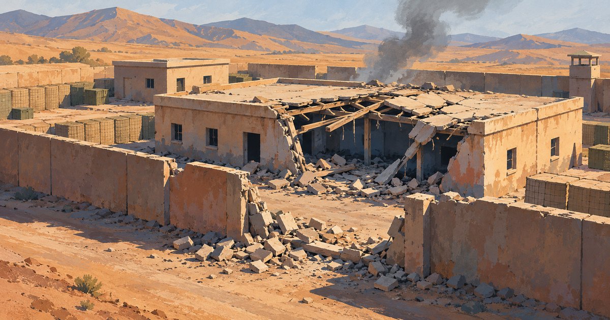 Editorial illustration: A damaged desert compound with a collapsed roof, broken perimeter wall and scattered rubble, with smoke rising behind it and dry mountains in the distance.