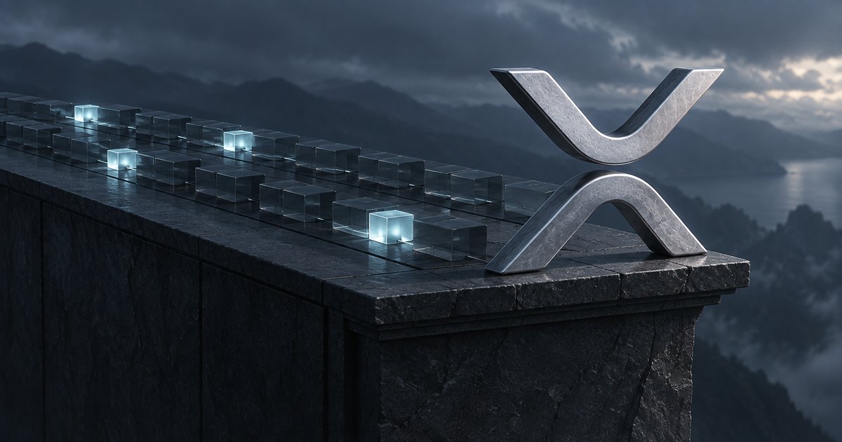 Editorial illustration: A metallic XRP symbol stands near the edge of a cracked stone platform. Rows of transparent blocks, a few glowing pale blue, recede beneath storm clouds.