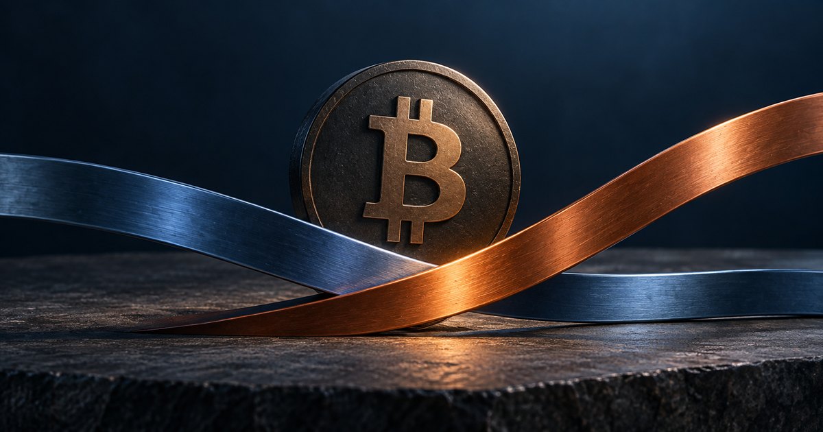 Editorial illustration: A bronze Bitcoin coin stands on a dark stone surface behind two metallic ribbons. A copper ribbon curves upward across a blue ribbon against a dark navy background.