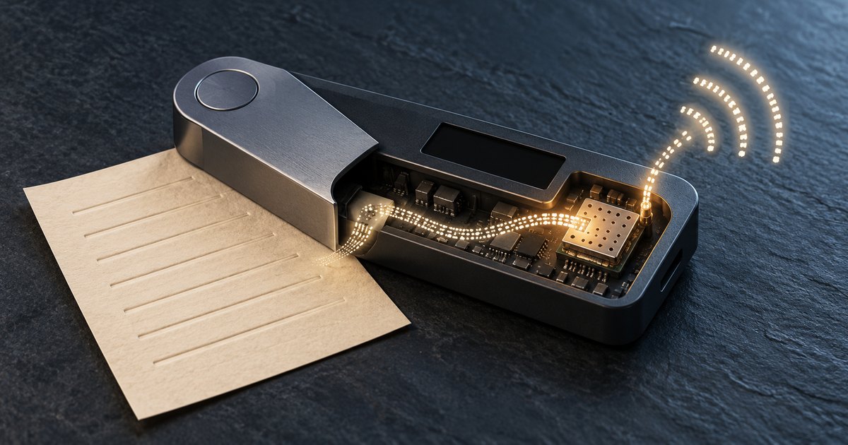 Editorial illustration: An open metal hardware wallet rests beside a blank lined sheet, with glowing trails crossing its exposed circuitry and rising into wireless signal arcs.