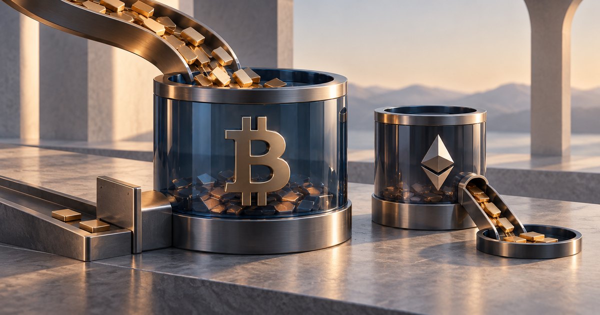 Editorial illustration: Gold blocks tumble down a chute into a large transparent vessel bearing the Bitcoin symbol. Beside it, a smaller vessel bearing the Ethereum symbol releases blocks down a chute into a shallow tray.