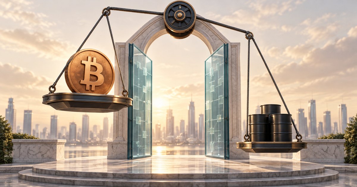 Editorial illustration: A Bitcoin coin on a raised suspended pan faces black oil barrels on a lower pan. Open glass doors stand beneath a stone arch, with a sunlit waterfront skyline behind them.
