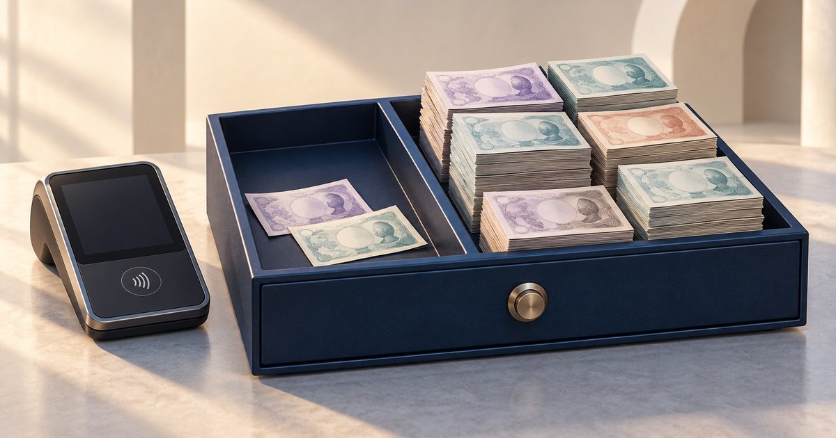 Editorial illustration: A contactless payment terminal stands beside a navy cash drawer with two loose banknotes in one compartment and tall stacks of pastel banknotes in the other.