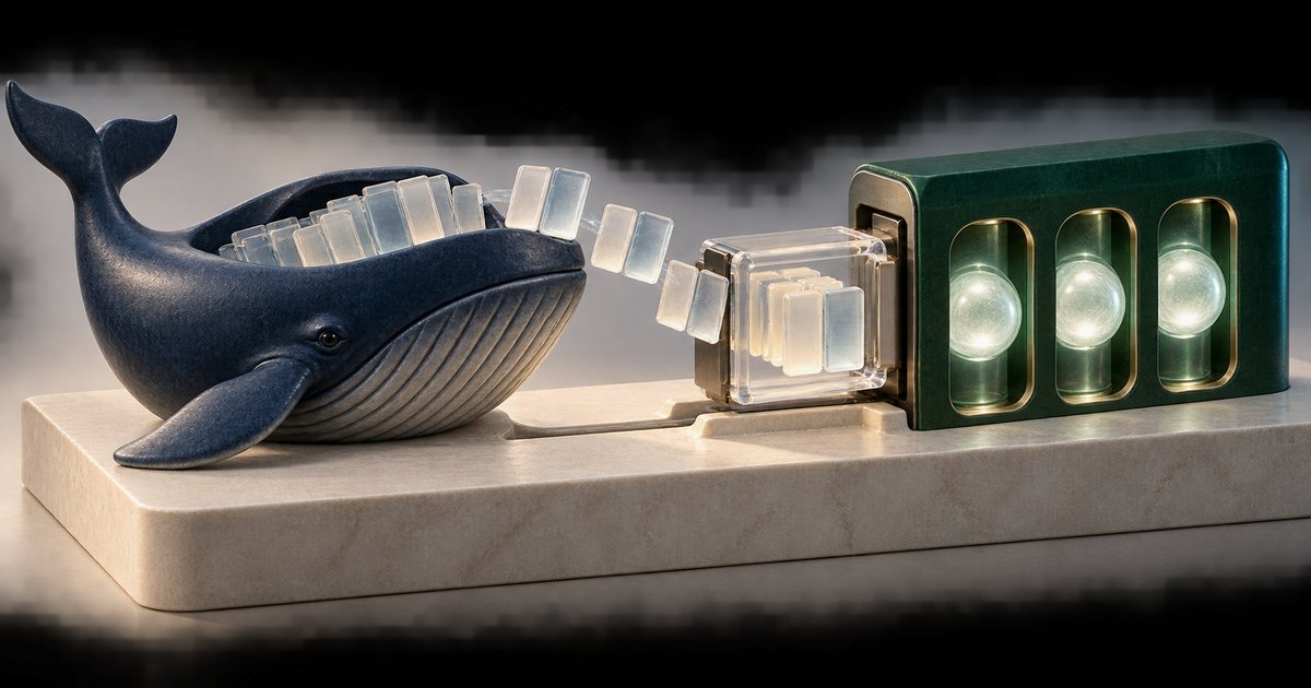 Editorial illustration: Translucent tiles arc from a blue whale into a clear socket on a dark green machine with three glowing spheres, all resting on a pale stone base.