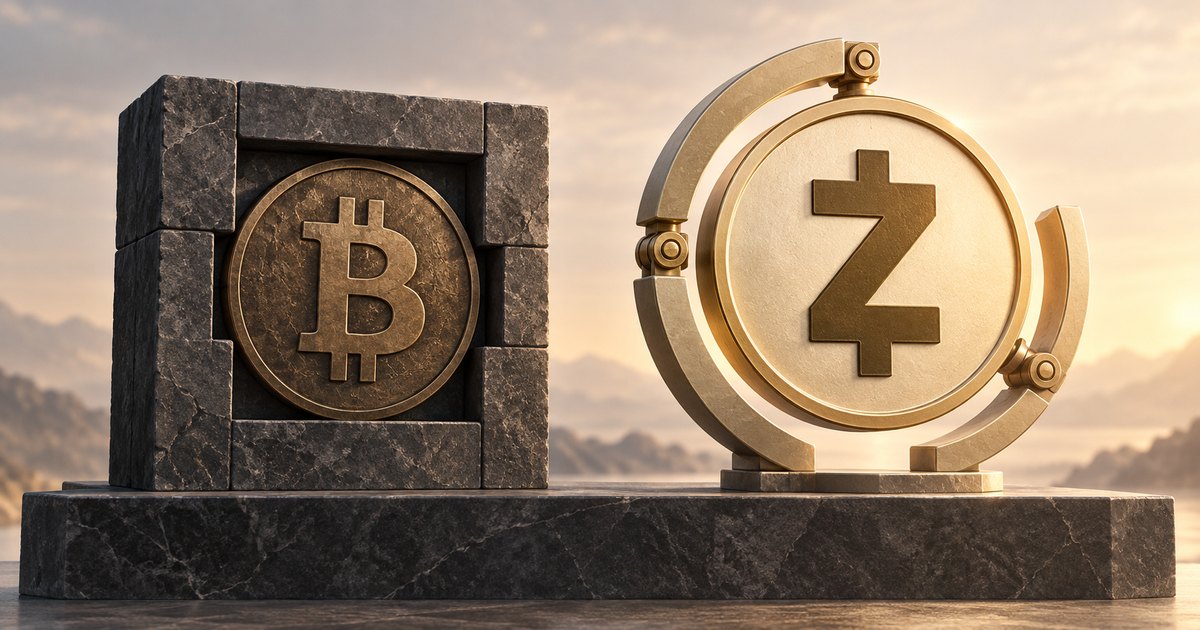 Editorial illustration: A dark Bitcoin coin enclosed in a square stone frame stands beside a larger gold Zcash coin surrounded by an open, hinged metal frame, both on a stone plinth.