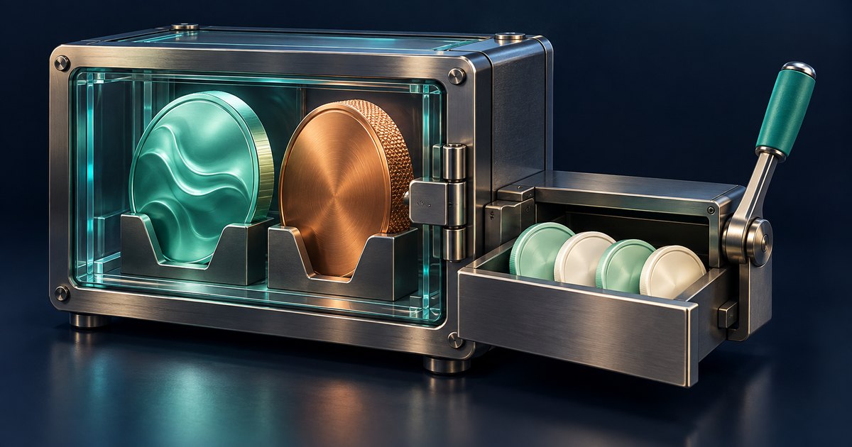 Editorial illustration: Two large teal and copper tokens sit inside a glass-fronted metal vault beside an open tray of smaller pale coins and a teal-handled lever.