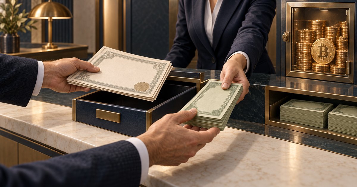 Editorial illustration: Suited figures exchange blank ornate certificates and a bundle of cash across a marble counter. A glass-fronted safe holds gold coins with a prominent Bitcoin symbol, above shelves containing additional cash.