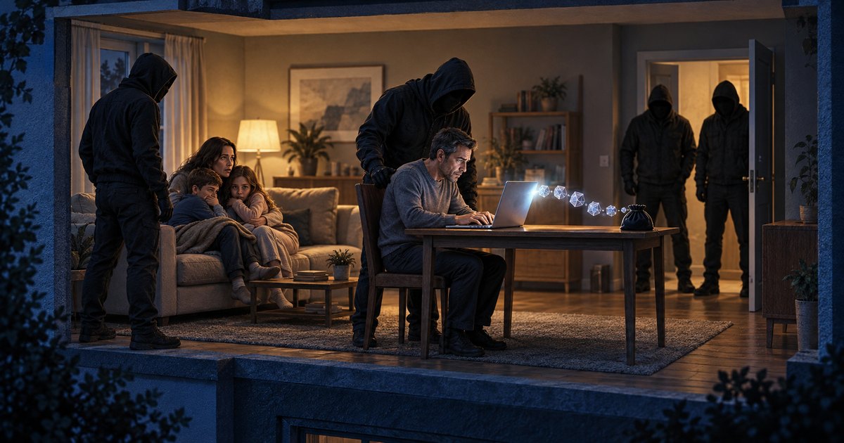 Editorial illustration: Four hooded intruders surround a family in a living room. A man operates a laptop while a woman and two children huddle on a sofa. Glowing geometric tokens trail toward a black pouch.