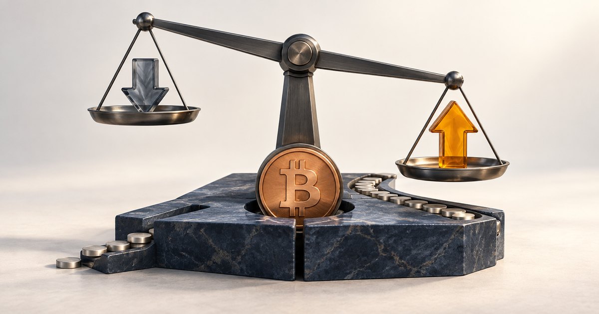 Editorial illustration: A bronze Bitcoin coin stands beneath a balance scale on a dark stone platform. The lower right pan holds a gold upward arrow; the higher left pan holds a gray downward arrow. Small silver coins line channels in the台.
