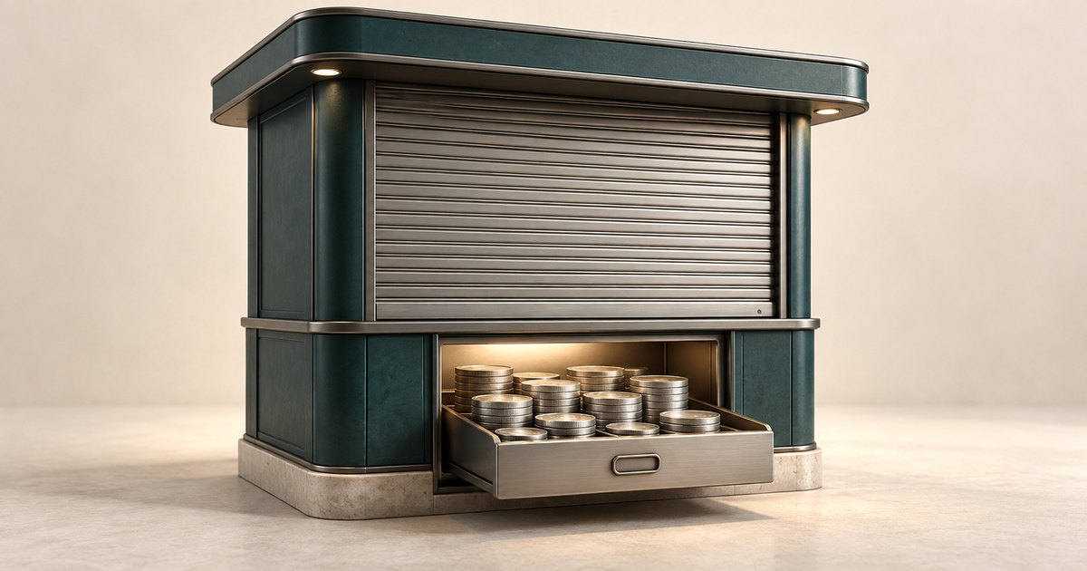 Editorial illustration: A dark green kiosk with a closed metal shutter and an open lower drawer holding stacks of coins against a warm beige background.