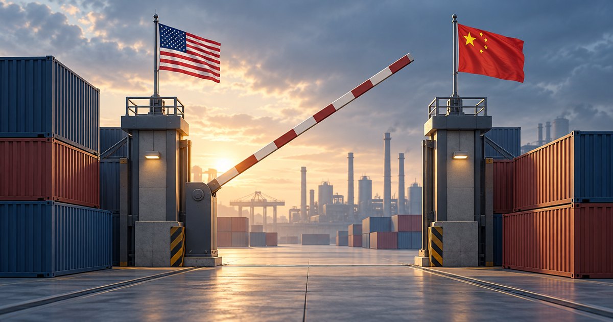 Editorial illustration: U.S. and Chinese flags flank a raised red-and-white barrier between stacks of shipping containers, with cranes and industrial buildings silhouetted against a golden sky.