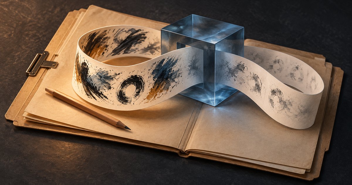 Editorial illustration: A paper ribbon bearing bold brush marks loops through a translucent blue block, with fainter marks on the right, above open tan folders beside a wooden pencil.