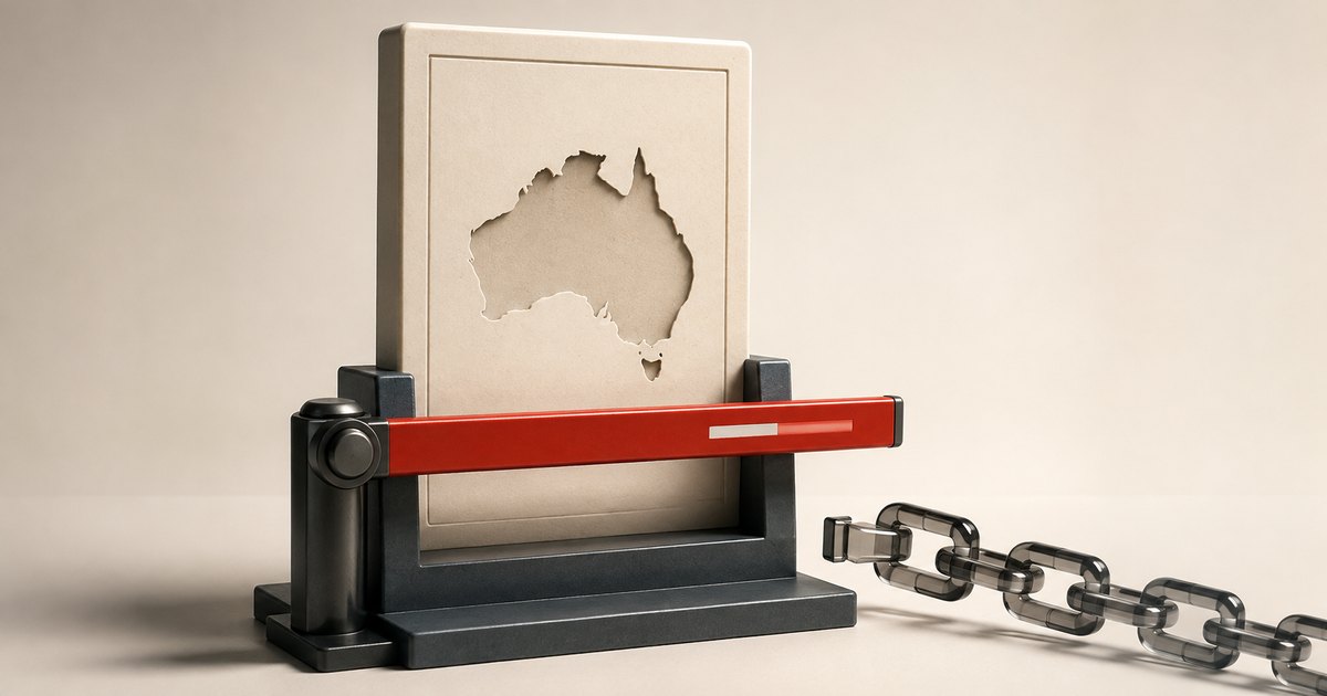 Editorial illustration: A red barrier stretches across an upright plaque bearing an outline of Australia, with a disconnected dark translucent chain extending toward the lower right.