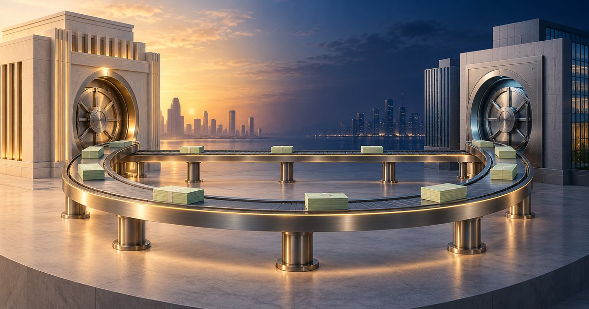 Editorial illustration: Bundles of green banknotes ride a looping metallic conveyor between two large bank vaults, against a waterfront skyline transitioning from golden daylight to dark blue night.