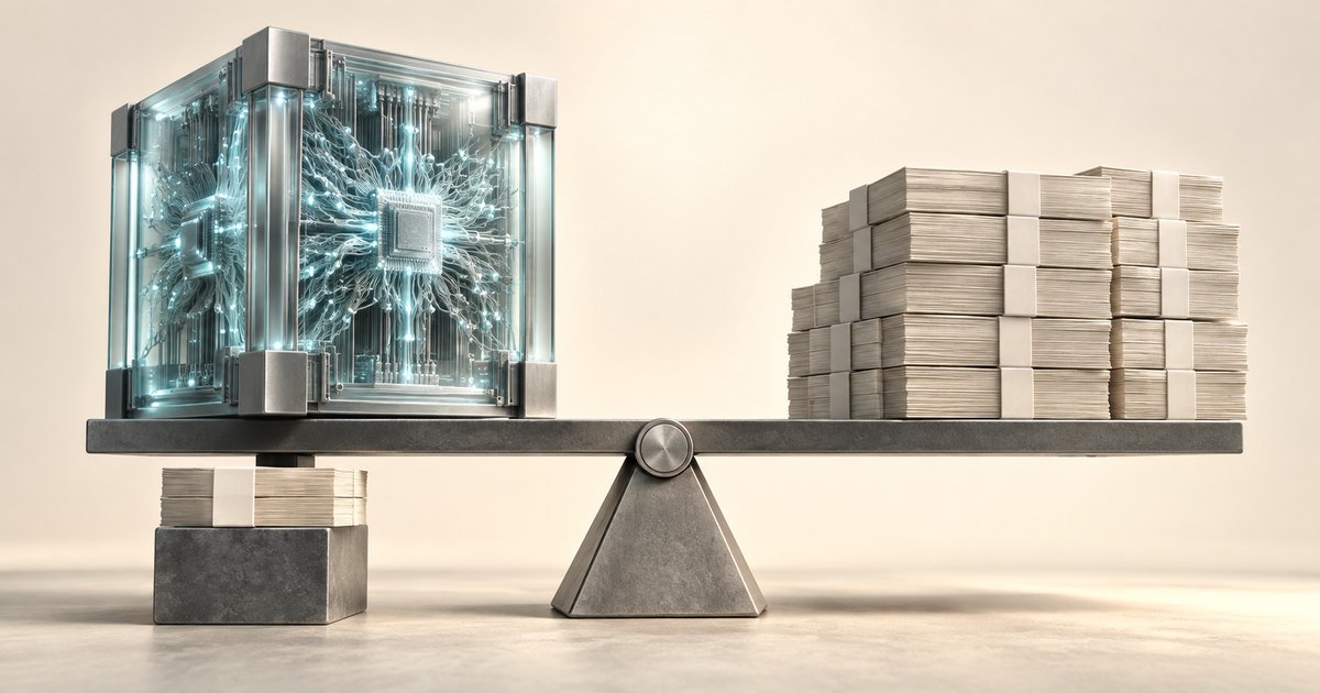 Editorial illustration: A glass cube containing a glowing processor balances against stacks of bundled money on a metal beam. Another money bundle rests on a block beneath the cube’s side.