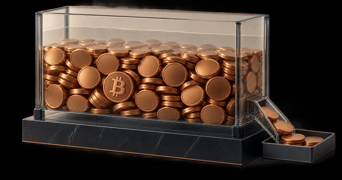 Editorial illustration: Copper-colored coins fill a transparent rectangular container, including a prominent coin bearing the Bitcoin symbol. Several coins slide down a clear chute into a dark collection tray.