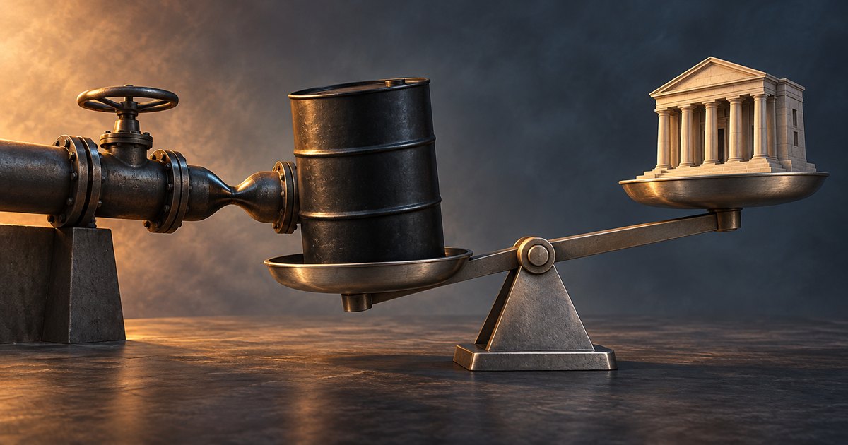 Editorial illustration: A pinched metal pipeline connects to an oil barrel on the lowered left pan of a balance scale. A classical bank building sits on the raised right pan against a dark background.