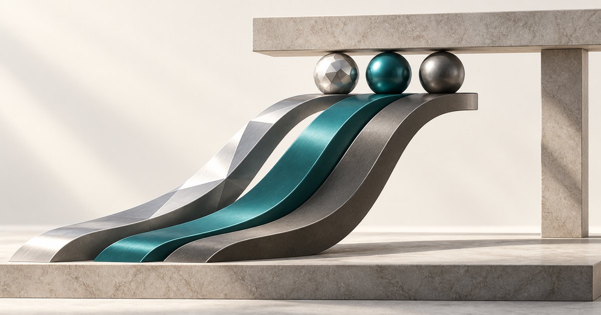 Editorial illustration: Silver, teal, and dark gray spheres rest at the tops of three curved metallic ramps beneath a horizontal stone beam, on a pale stone platform.
