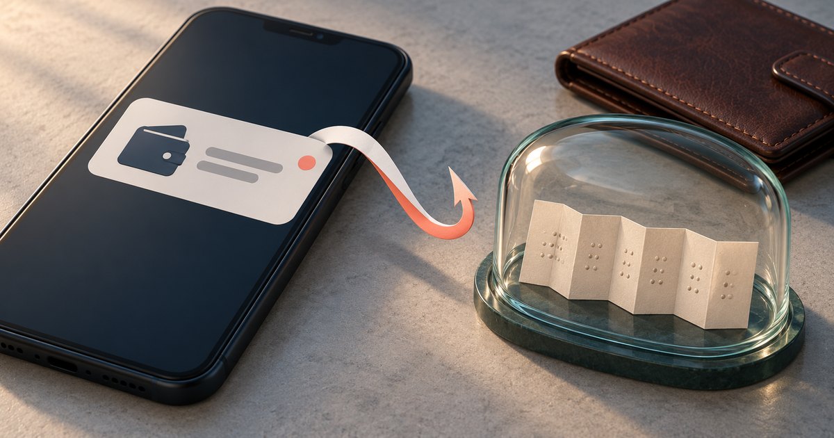 Editorial illustration: A smartphone displays a generic wallet notification with a curling ribbon shaped like a fishing hook. Beside it, a folded paper with raised dots sits under a glass dome, with a leather wallet behind it.