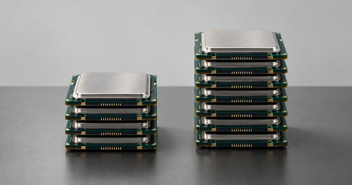 Editorial illustration: Two stacks of silver-topped green processor chips on a gray surface, with the right stack substantially taller than the left.