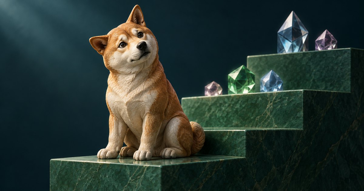 Editorial illustration: A sculpted Shiba Inu tilts its head on a green marble platform, with colorful faceted crystals arranged on ascending steps against a dark teal background.