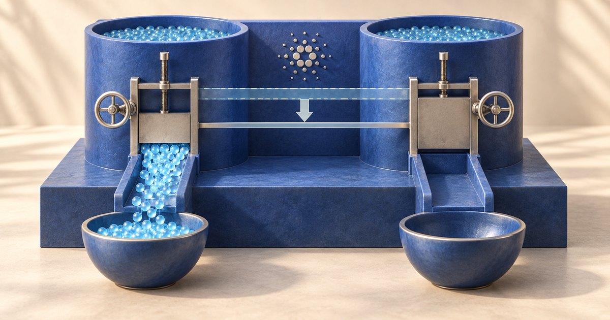 Editorial illustration: Two blue reservoirs filled with turquoise beads have separate metal gates beneath a Cardano symbol. The open left gate releases beads into a bowl; the closed right gate leaves its bowl empty. A downward arrow marks a