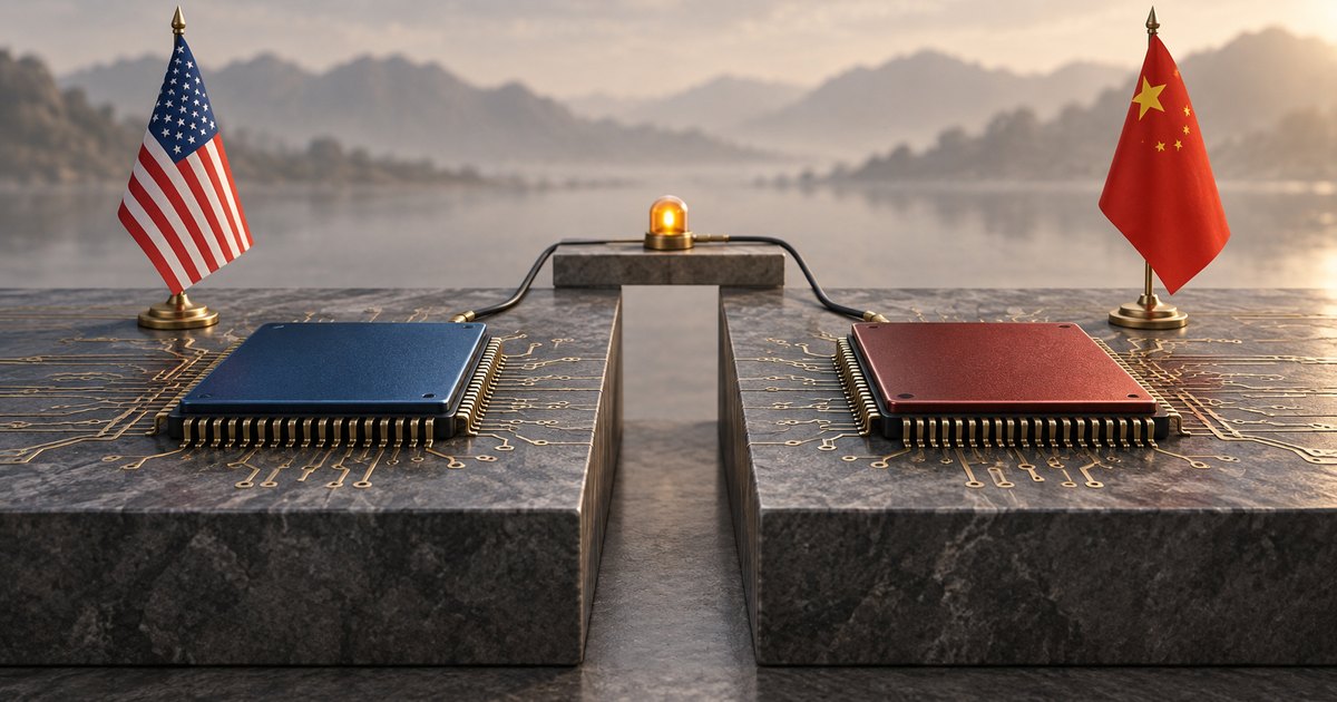 Editorial illustration: US and Chinese flags stand behind blue and red microchips on stone platforms separated by a deep gap. Cables lead toward a glowing amber beacon between them, with misty mountains and water in the background.
