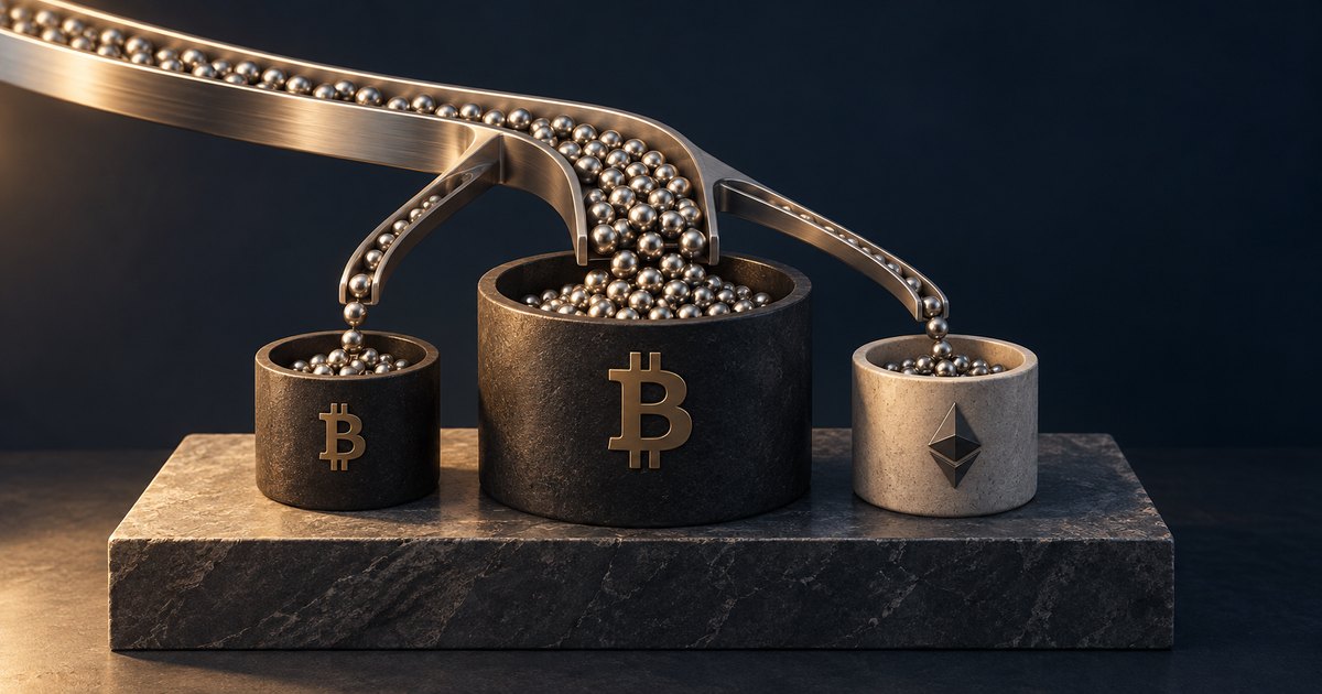 Editorial illustration: Metallic beads flow along branching channels into three cylindrical vessels. A large central Bitcoin vessel receives the widest stream, flanked by smaller Bitcoin and Ethereum vessels on a dark stone platform.